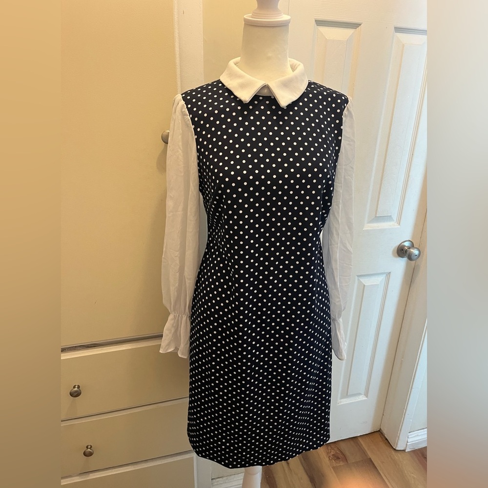 Shelby & Palmer Navy Polka Dot Midi Dress with White Collar